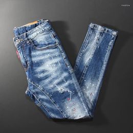 Men's Jeans Street Fashion Men Retro Washed Blue Elastic Slim Fit Ripped Spliced Painted Designer Hip Hop Denim Pants Hombre