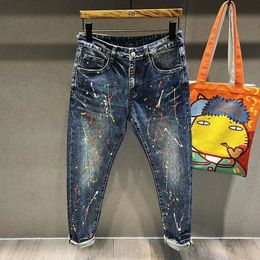 Autumn Vintage Jeans Men Tie-dye Fashion High Streetwear Paint Points Graffiti Hip Hop Trend Slim Male Denim Pants Trousers 240108