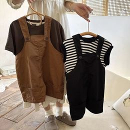 Summer Thin Boy Solid Overalls Children Casual Suspenders Jumpsuit Kid Cotton Loose Fashion Pants Infant Trousers 240108