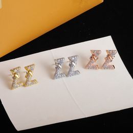 With BOX Diamond Stud Earrings Gold Silver Rose 3Colors Letter Earring Luxury Women Studs Girlfriend Mother Gift Jewellery