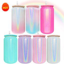 16oz glass beer jar gradient shimmer glitter glass jar, multi-color replaceable plastic lid with rhinestones for sublimation heat transfer FY5804 0108