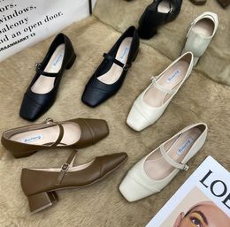 Designer Elegant Solid Thick High Heels Women Soft Leather Square Toe Buckle Mary Janes Shoes Fashion Work Office Lady Pumps