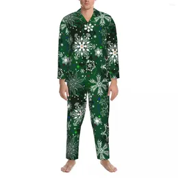 Men's Sleepwear Christmas Snowflake Pyjamas Man Green Print Kawaii Bedroom Nightwear Autumn 2 Pieces Vintage Oversize Graphic Pyjama Set