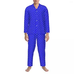 Men's Sleepwear Retro Polka Dot Pyjamas Male Blue And White Cute Leisure Autumn 2 Pieces Vintage Oversized Pattern Home Suit