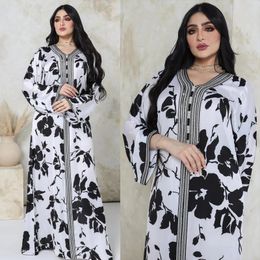 Ethnic Clothing Abaya Saudi Arabia For Women Knitted V-Neck Long Sleeve Vintage Flower Print Dubai Kaftan Dress Feminine Clothes Muslim