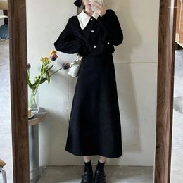 Work Dresses Autumn Corduroy Two Piece Set Fashion Versatile Solid Lapel Button Pocket Small Fragrant Coat Slim A-line Half Length Skirt