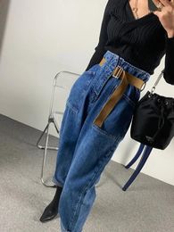 Women's Jeans Fashion Vintage Mom Jean Loose Washed Denim Trousers 2024 Women Korean High Waist Ankle Length Baggy Belted Harem Pants