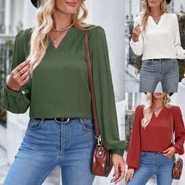 Women's Blouses 2024 Leisure V-neck Loose Solid Color Long Sleeved Top For Women Fashion Casual Elegant Office Lady Red Green White Tops