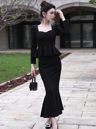 Work Dresses Spring Autumn Ladies Formal Occasion 2 Pieces Outfits Women Elegant Commute Ruffle Tops Shirt Blouse And Long Skirt Slim Set