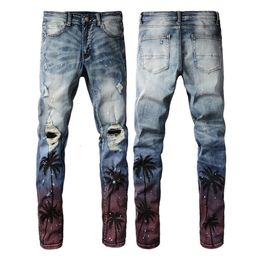 Mens Designer Pants Purple Jeans Amris 6597 Fashion Brand Digital Printing Coconut Tree Pattern Spray Paint Hole Jeans Elastic Slim Fit