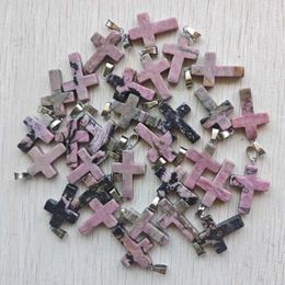 Pendant Necklaces Fashion Good Quality Natural Rhodochrosite Stone Cross Pendants Diy Jewelry Making Wholesale 24pcs/lot