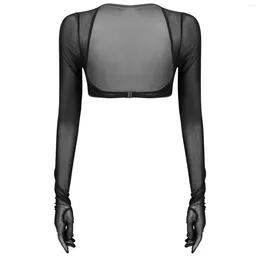 Women's Tanks Women Summer See-through Mesh Gloves Tops Sun Protection Long Sleeve Open Front Buckle Crop Top Clubwear