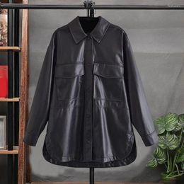 Women's Blouses Women Jacket Loose Fit Stylish Mid Length Cardigan Coat Windproof Faux Leather Lapel For Spring