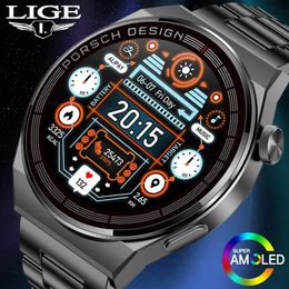 Watches LIGE 2022 Smart Watch Men AMOLED 390*390 HD Screen Waterproof Bluetooth Call Stainless Steel Smartwatch For Men Huawei Xiaomi
