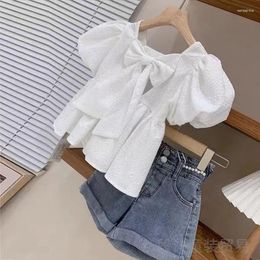 Clothing Sets Girls Clothes For Kids 2 Pieces Blouse Shorts 2024 Summer Korean Fashion Solid Colour White Cute Simple Style O-neck Bowknot