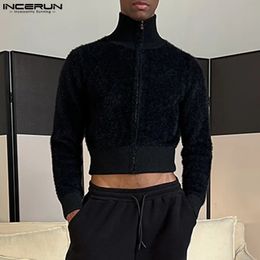 INCERUN Men Hoodies Plush Solid Zipper Lapel Long Sleeve Casual Crop Sweatshirts Streetwear Fashion Male Outerwear S-5XL 240108
