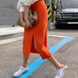 Orange Knitted Skirts Women Elastic Waist Split Pencil Skirt Korean Casual Bodycorn Long Midi Skirt Sweet Vintage Elegant X049 240108