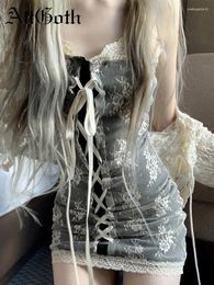 Casual Dresses AltGoth Fairycore Elegant Lace Dress Women Pastel Goth Y2k Streetwear Spaghetti Strap Lace-up High Waist Corset Partywear