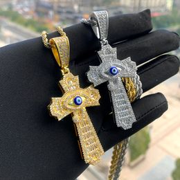 New Designer Blue Evil Eye Ankh Cross Charm Pendant Necklace with Rope Chain Hip Hop Women Full Paved 5A Cubic Zirconia Men Gift Jewelry