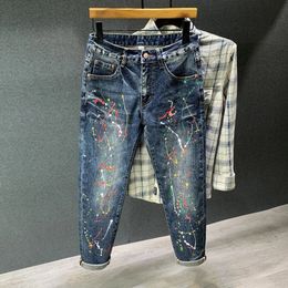 Autumn Vintage Jeans Men Tie-dye Fashion High Streetwear Paint Points Graffiti Hip Hop Trend Slim Male Denim Pants 240108