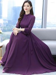 Casual Dresses Long Sleeve Green Purple Maxi Dress 2024 Spring Autumn Chiffon Vintage Elegant Black Korean Fashion Party Midi