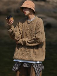Men's Sweaters Round Neck Sweater Pullover Solid Colour Loose Casual Retro Japanese Twist Autumn Winter Fashion Lazy Style Diamond Plaid