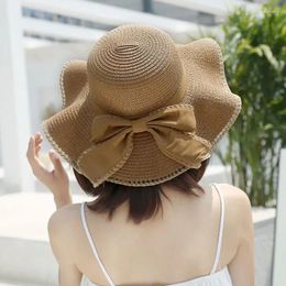 Wide Brim Hats Spring And Summer Women's Sun Straw Hat Shaded Big Bamboo Bowknot Fashion Fisherman Outdoor H28