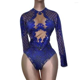 Stage Wear Blue Long Sleeve Shining Rhinestones Mesh Sexy Women Leotard Bodysuits Pole Dance Costume Nightclub Bar DJ Wears