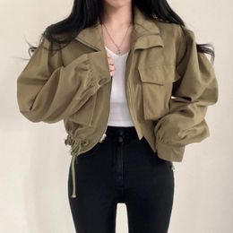 Women's Jackets Chic Cargo Short Coat Women Vintage Drawstring Big Pocket Cropped Jacket Woman Fall Spring 2024 Korean Fashion Clothes Tops