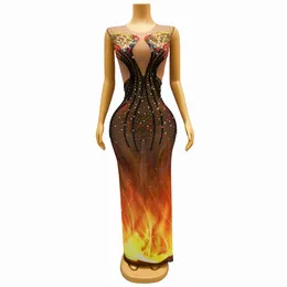 Stage Wear Black Gold Red Fire Pattern Rhinestones Sleeveless Dress Sexy Stretch Outfit Dance Show Nightclub Costume Party Fenghuang