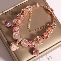 New Bracelet Rose Gold Five Petals Flower Pendant Pink Murano Glass European Beads Heart Bangle Fits Bracelets Necklace N71J
