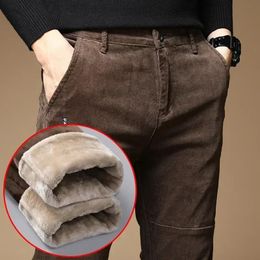 Winter Fleece Warm Corduroy Pants Men Business Fashion Slim Fit Stretch Thicken Gray Green Fluff Casual Trousers Male 240108