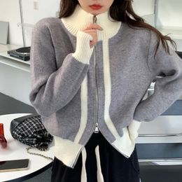 Cropped Grey Double Zip Knitted Cardigan Outwear Contrast Turtleneck Sweater Jacket Pull 2024 Women Clothes Casual Sueters Knit 240106