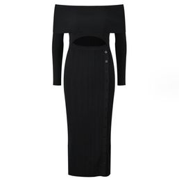 10023 2024 Milan Runway Dress SPring Slash Neck Long Sleeve Mid Calf Black Brand Same Style Womens Dress Fashion High Quality YL