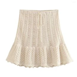 Skirts Beige Knit Mini Skirt Women Jacquard Crochet Adjustable Waist High-waist Chic Lady Female Clothing 2024 Summer
