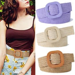 Belts Boho Wide Candy-colored Woven Beach Belt Square Buckle PP Grass Waist Strap Ladies Elastic Stretchy Dress Jeans Decor Waistband