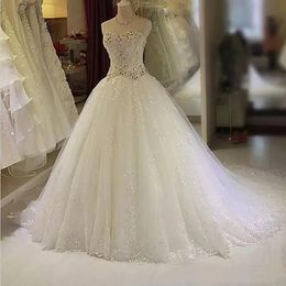 Dresses Glitter Crystals Beaded Starpless Wedding Dress Sequined ALine Rhinestone Sleeveless Luxury Long Bridal Gowns 2023 Corset Plus Si