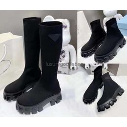 2024ss New Cuff Rib Socks Low Heel High Boots Stretch Knit Black Leather Biker Over the Knee Boots Women's Luxury Designer Shoes