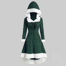 Casual Dresses Ladies Christmas Santa Costume Winter Fur-collar Lace-up Patchwork Hooded Dress Plush Long-sleeved Party Prom Xmas