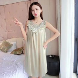 Women's Sleepwear Summer Imitation Silk Nightgowns Women 2024 Sexy Nightwear Female Spaghetti Strap Underwear Lace Breathable Homewear