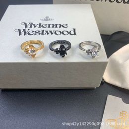 Viviennely Westwoodly Saturn Full Diamond Open Ring Black and Gold Fashion Couple Pair Ring Female High