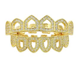 High Quality HipHop Grills Caps Shaped Iced out CZ 4 Open Hollow Grillz Top Bottom Grillz Set Men Women Mouth Teeth2029973