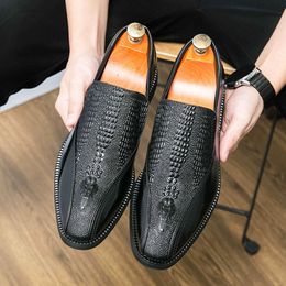 New Crocodile Pattern Men's Business Formal Dress Black Leather Loafers Prom Slip-on Moccasins Gentleman Wedding Shoes 46E