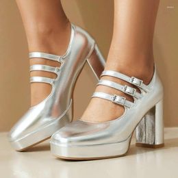 Dress Shoes Shiny Gold Silver Colour Fashion Ins Spring Women Buckle Belt Platform Female Mary Janes Plus Size 43 42 Chunky High Heels