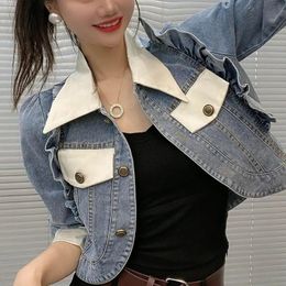 Ruffles Denim Splice Jacket Long Sleeve Women Coat Short Tops Spring Autumn Vintage Chic Korean Female Buttons Outerwear 240108