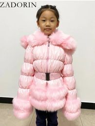 ZADORIN Winter Girls White Duck Down Jacket for Kids Furry FAUX fur Collar Thick Warm Pink White Down Coat Hooded Outerwear 240106