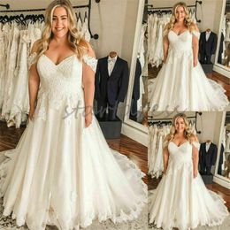 Large Plus Size Wedding Dress A Line Off The Shoulders Appliques Lace Fall Country Bridal Gowns Tulle Brush Train Church Women Bride Dress 2024 Vestios De Novia Ivory