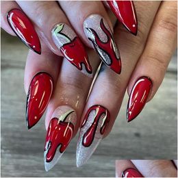 False Nails Red Flame Pattern Fake Sweet Cool Almond Artificial Nail Patch Fashion Apple Printed Fl Er Stick On Tips 24Pcs Drop Delive Otwgu