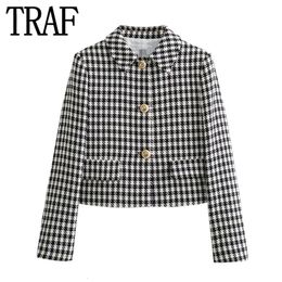 TRAF Houndstooth Cropped Blazer Woman Short Tweed Jacket Women Office Elegant Womens Long Sleeve Autumn 240108