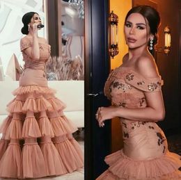 Arabic Dubai Off Shoulder Mermaid Prom Dresses champagne blush Pleats Ruffles Sequined Beaded Formal Evening Gowns